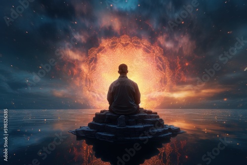 Peaceful man meditates under glowing sky, surrounded by mandala, Generative AI © avrezn