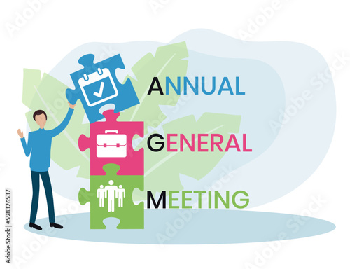 AGM - Annual General Meeting acronym, business concept. word lettering typography design illustration with line icons and ornaments. Internet web site promotion concept vector layout.