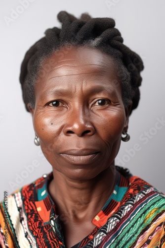 Matured Maasai woman, native from Africa. Head shot over white background. Generative AI vertical shot photo