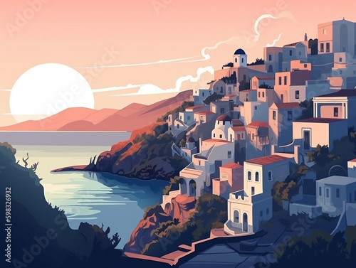 Beautiful Santorini in illustration view. The view at sunset. Santorini is very popular as a tourist destination.