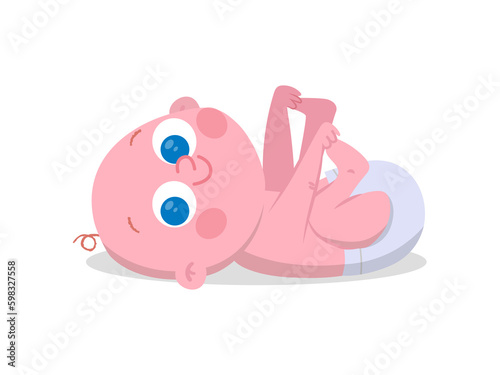 Flat Cartoon Style Spot Illustration of Smiling White Baby Lying on Back with Diaper photo