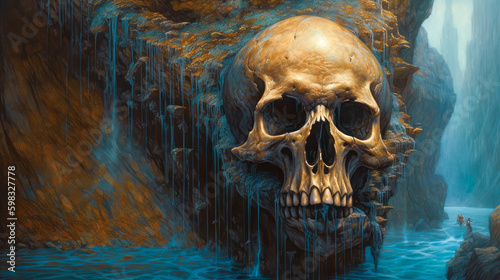 Epic Skull Cascading Waterfall Surreal, Gothic, Macabre, Haunting Background A Dark Masterpiece AI Generated 