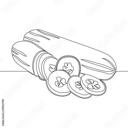 Continuous line drawing sliced cucumber pickles fresh food vegetable icon vector illustration concept