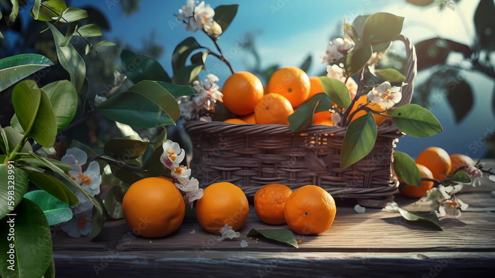  mandarin citrus in basket in grass fruits garden trees and flowers generated ai