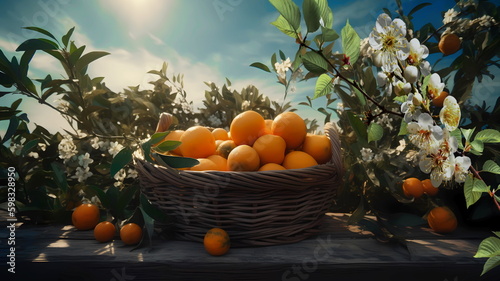  mandarin citrus in basket in grass fruits garden trees and flowers generated ai
