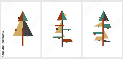 Simple Modern Winter Holidays Vector Illustration with Christmas Trees made od Triangles and Squares. Minimalist Cubism Style Christmas Cards. Geometric Style Spruce Trees on a White Background.