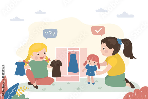 Happy girls play with doll and fashion clothes for toys. Girlfriends talking and playing. Childhood, imagination, preschool games. Cute female characters. Girls friends have funny gaming