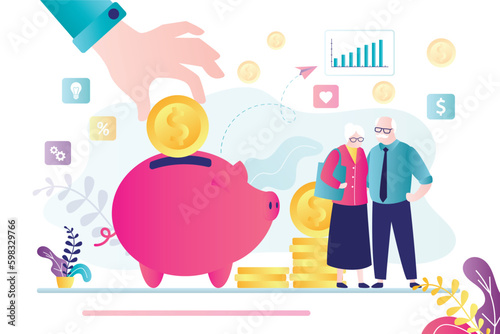 Banker hand puts gold coins in piggy bank. Happy elderly people with big profit. Love old couple have profit from bank deposits, passive income. Retirement fund, savings.