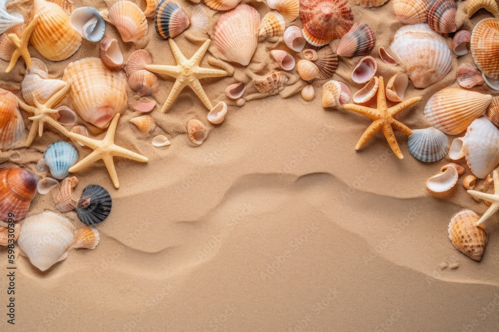 Starfish and seashells on tropical beach background. Summer vacation and nature concept. Generative ai. Starfish and seashells on tropical beach background. Summer vacation and nature concept. Generative ai.