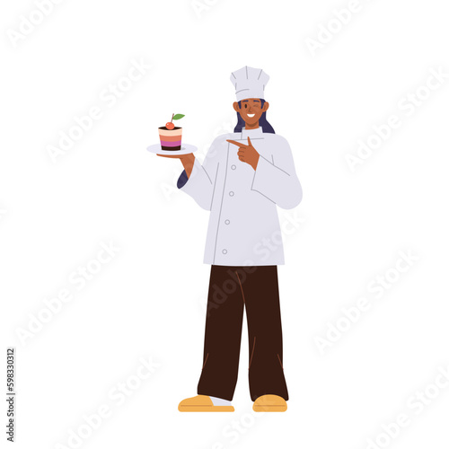 Chef confectioner winking eye presenting new delicious cake on plate isolated on white Generative AI