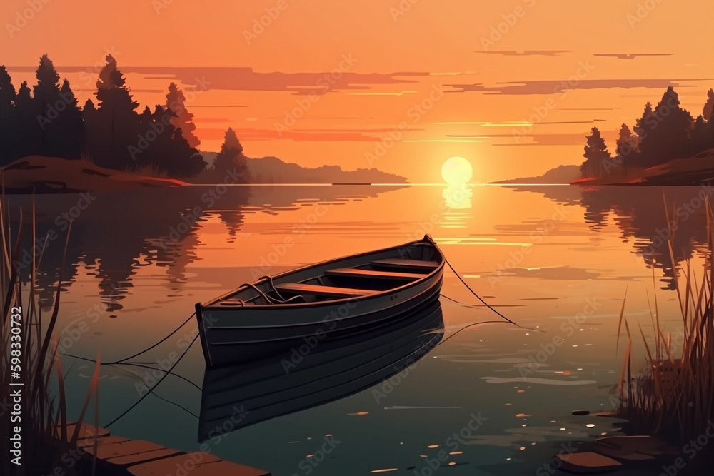 A painting of a boat on a lake at sunset, Generative AI