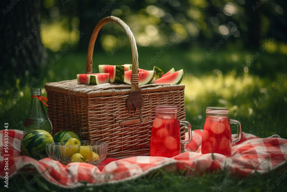 A picnic basket with watermelon juice and watermelon slices, Generative AI
