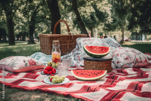 A picnic blanket with watermelon, strawberries, and other fruit on it, Generative AI