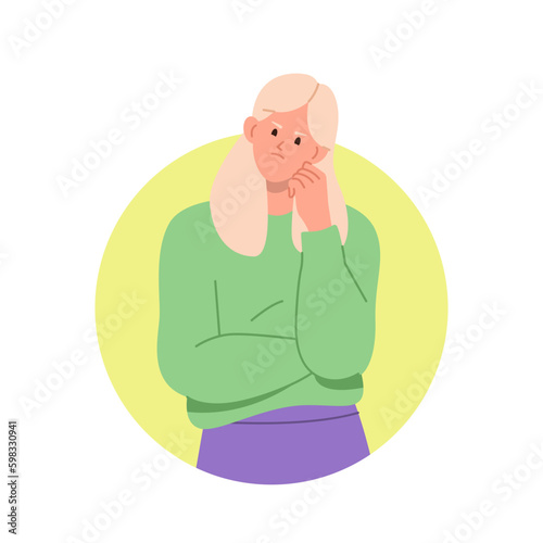 Portrait of thinking skeptical woman character having difficult choice trying to solve problem Generative AI