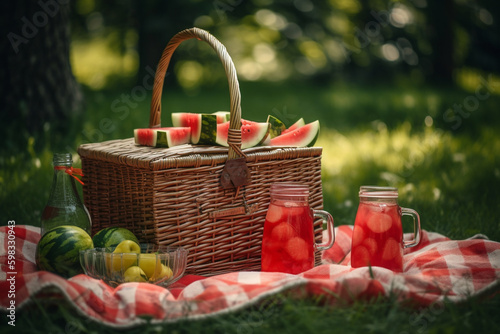 A picnic basket with watermelon juice and watermelon slices, Generative AI