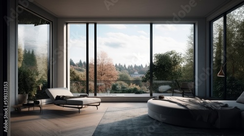 Modern interior with large windows. AI generated © ArtStage