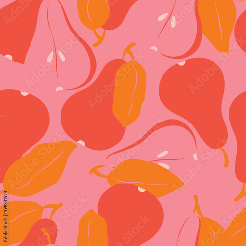 Seamless pattern with fruit shapes. Pears in vibrant pink and red. Colorful vector illustration.