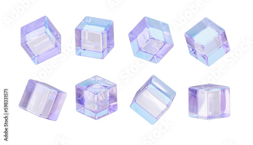 Fotografia Set 3d  glass Iridescent plastic cubes, crystal blocks with holographic transparent texture