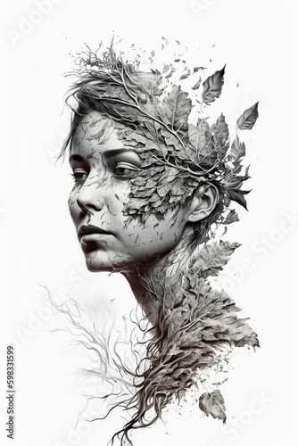 Portrait of beautiful young woman in harmony with nature, illustration of young woman, modern art, portrait of young female model, abstract woman face, generative ai