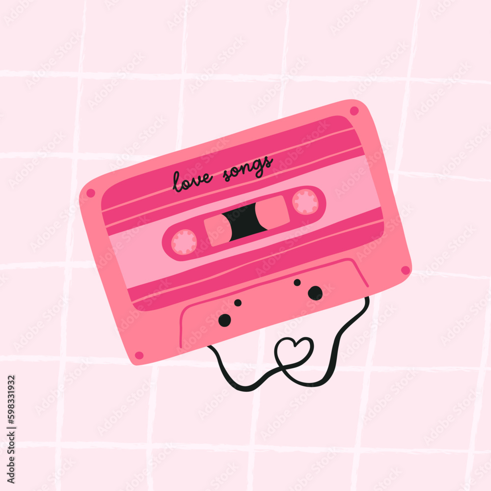 Obraz premium Cute pink music tape with love songs, hand drawn flat vector illustration on pink background. Valentine's poster or greeting card. Old retro audio tape.