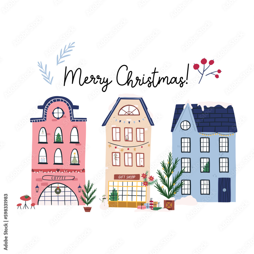 Merry Christmas greeting card with cute hand drawn houses, flat vector illustration isolated on white background. Decorated Christmas buildings in city, Christmas tree, fairy lights and snow.