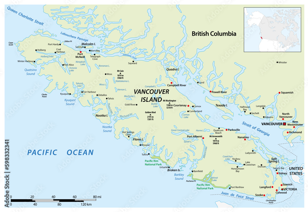 Vector map of the Canadian Pacific island of Vancouver Island