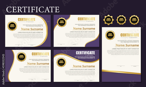 Award template certificate, gold color and blue gradient. Contains a modern certificate with a gold badge.