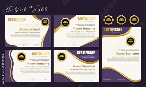 Award template certificate, gold color and blue gradient. Contains a modern certificate with a gold badge.