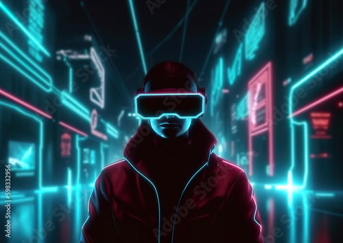 The future is virtual experience technology. Person wearing virtual reality glasses on a futuristic background in cyberspace. AI generated illustration.