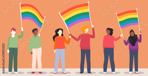 A crowd of people with an LGBTQ+ flag. Human rights peaceful protest. Rainbow banner vector LGBT pride month illustration