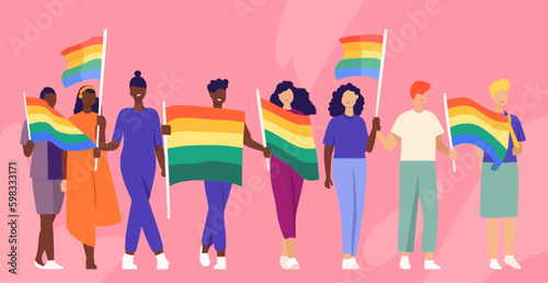 A crowd of people with an LGBTQ  flag. Human rights peaceful protest. Rainbow banner vector LGBT pride month illustration