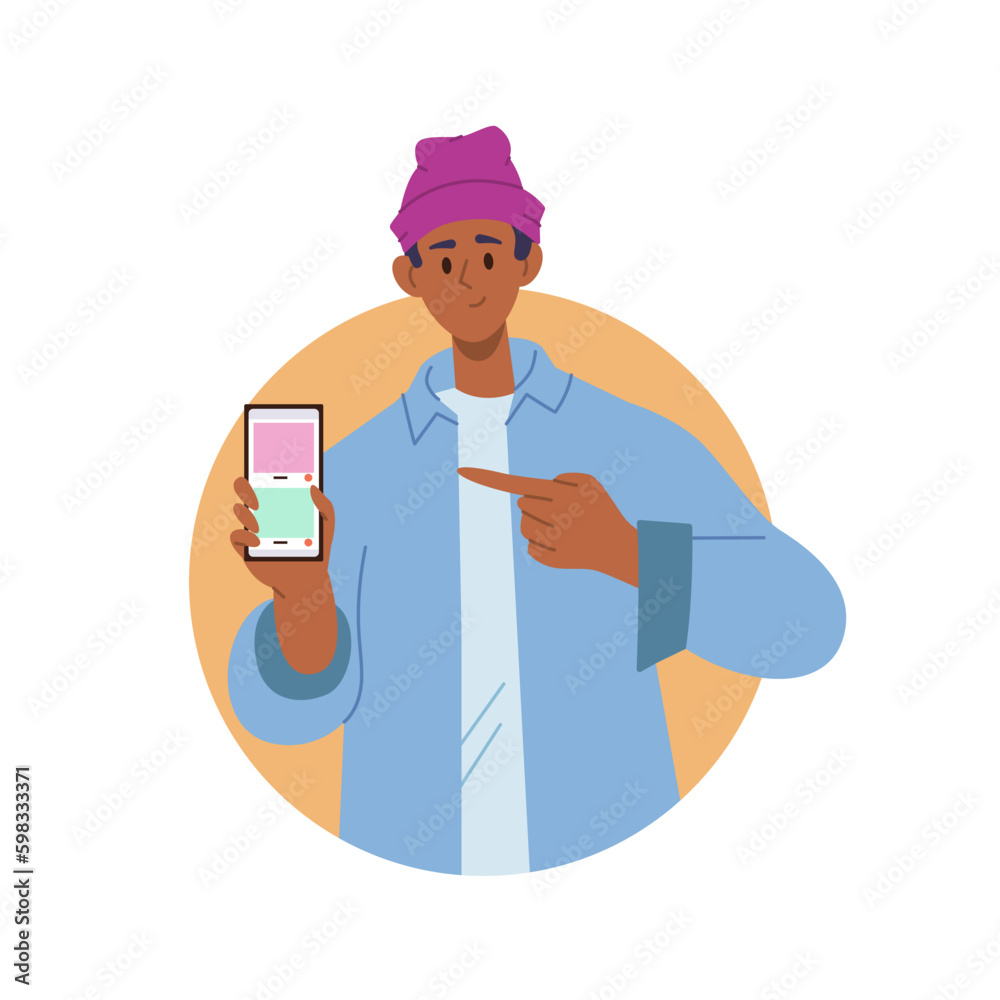 Young happy smiling hipster man character holding mobile phone pointing finger at screen display Generative AI