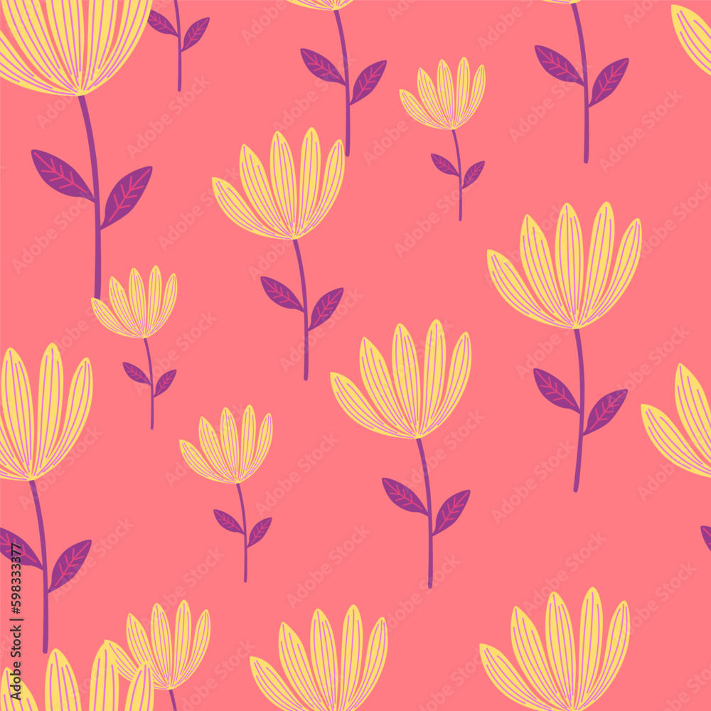 Tropical flower seamless pattern. Hand drawn cute floral endless background.