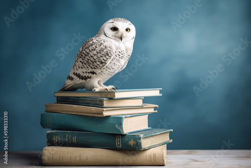 Fotografiet the owl of minerva on a stack of books, concrete blue wall background, created w