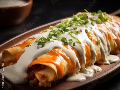 enchiladas with melted cheese and a dollop of sour cream photo