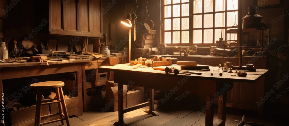 Woodworking work desk. A rustic room by the window. Crafts and wood workers room. Generative AI.  - obrazy, fototapety, plakaty 