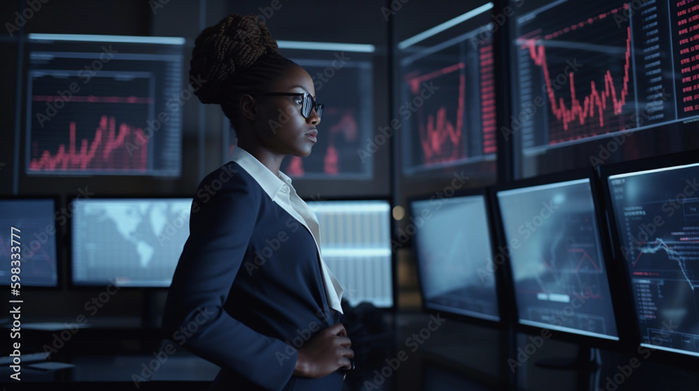 Colored Business Woman Standing in Front of Graphs Showing Financial Downturn Colored Business Woman Standing in Front of Graphs Showing Financial Downturn