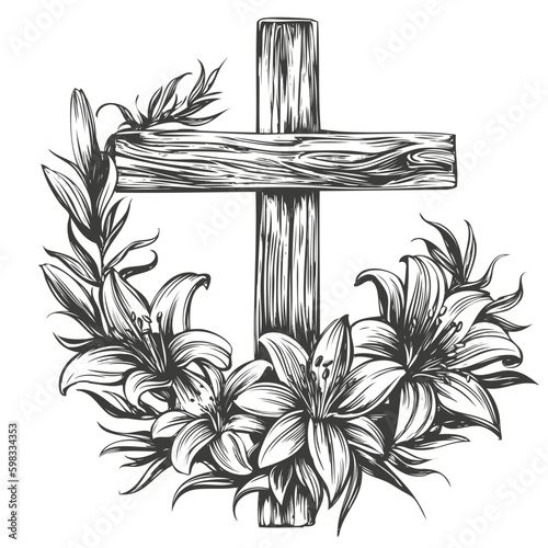 Happy easter, cross and floral blooming lilies, Easter. symbol of Christianity hand drawn vector illustration sketch