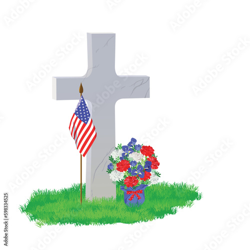 A white marble tombstone in the shape of a cross on the green grass. A bouquet of white, blue and red flowers. On Memorial Day, the grave is decorated with an American flag. Vector illustration.