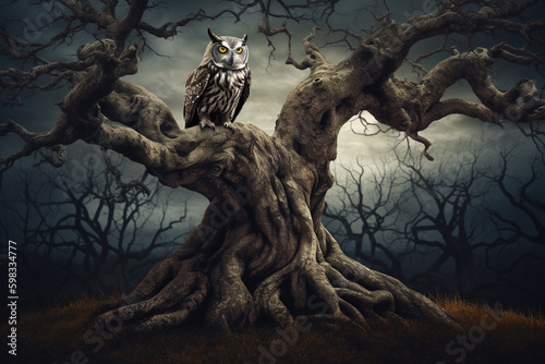 An owl standing on a tree at night. Birds. Wildlife Animals. Illustration, Generative AI.