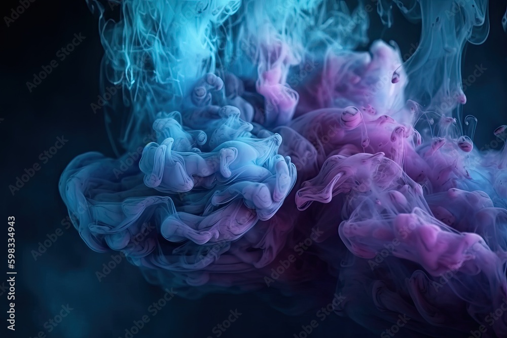 Fototapeta premium Mist texture. Color smoke. Paint water mix. Mysterious storm sky. Blue purple glowing fog cloud wave abstract art background - Generative AI