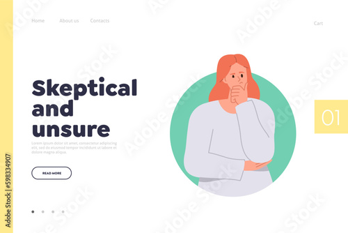 Skeptical and unsure landing page with flat cartoon pensive woman character frowning face portrait Generative AI