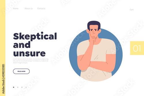Landing page with skeptical and unsure concept and young annoyed man character frowning face Generative AI