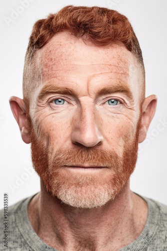 Irish red hair mature man over white background studio shot. Generative AI vertical shot