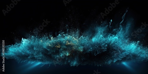 Colorful abstract smoke explosion on dark background. Steam and fog in colorful fantasy teal blue texture design.  © Fox Ave Designs