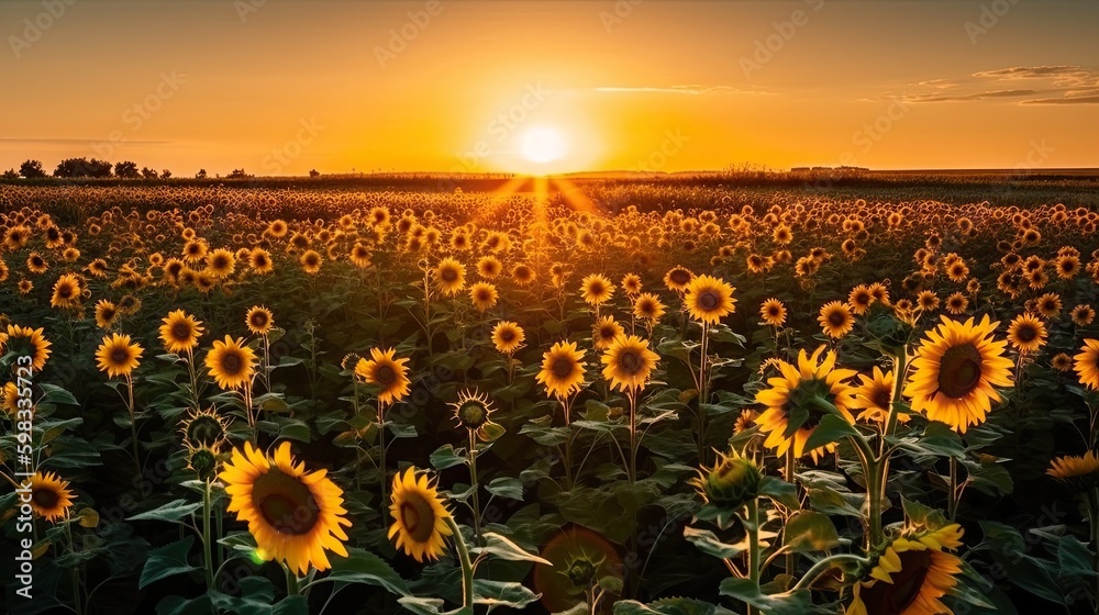 Obraz premium field of sunflowers in sunset light