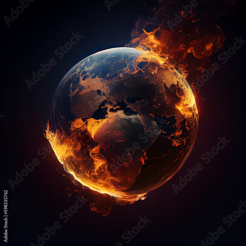 burning earth in fire. concept of global warming and pollution. generative AI