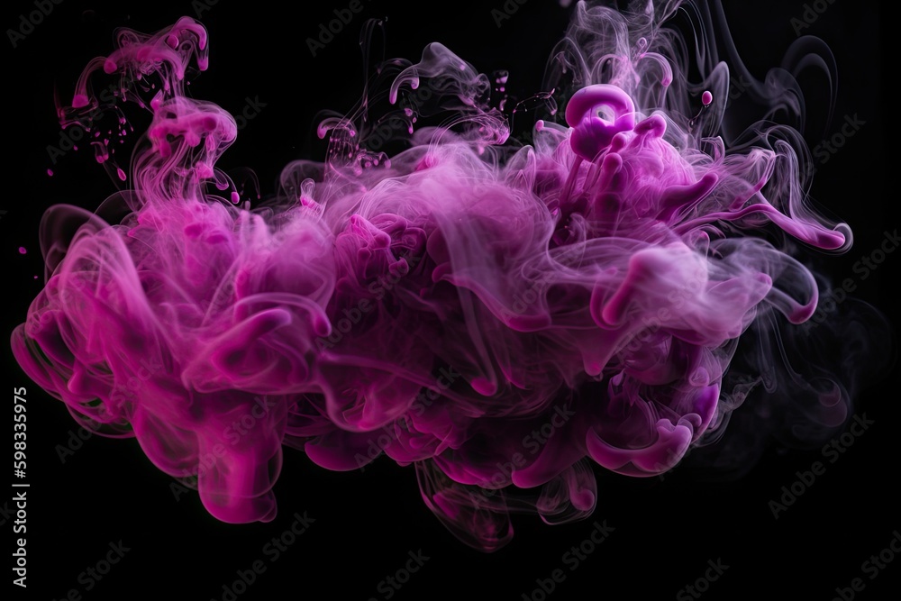 Color mist. Glitter smoke. Paint water splash. Magic potion. Purple pink glowing sparkling particles fog floating on dark black abstract art background - Generative AI