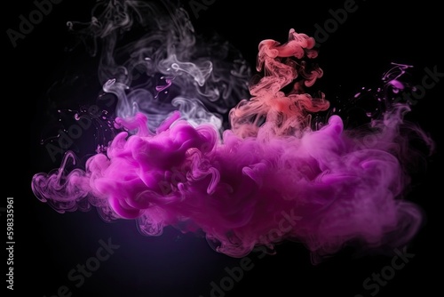 Color mist. Glitter smoke. Paint water splash. Magic potion. Purple pink glowing sparkling particles fog floating on dark black abstract art background - Generative AI