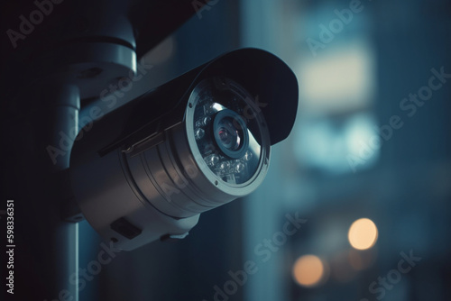  Close up of CCTV camera over defocused background Generative AI